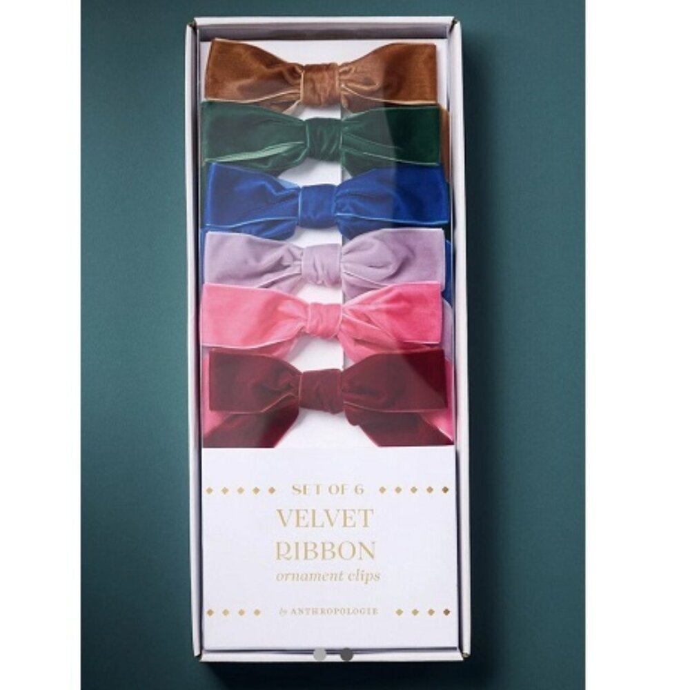 Anthropologie Velvet Ribbon Ornaments NEW Set of 6 Multicolor Retro Vintage Bows